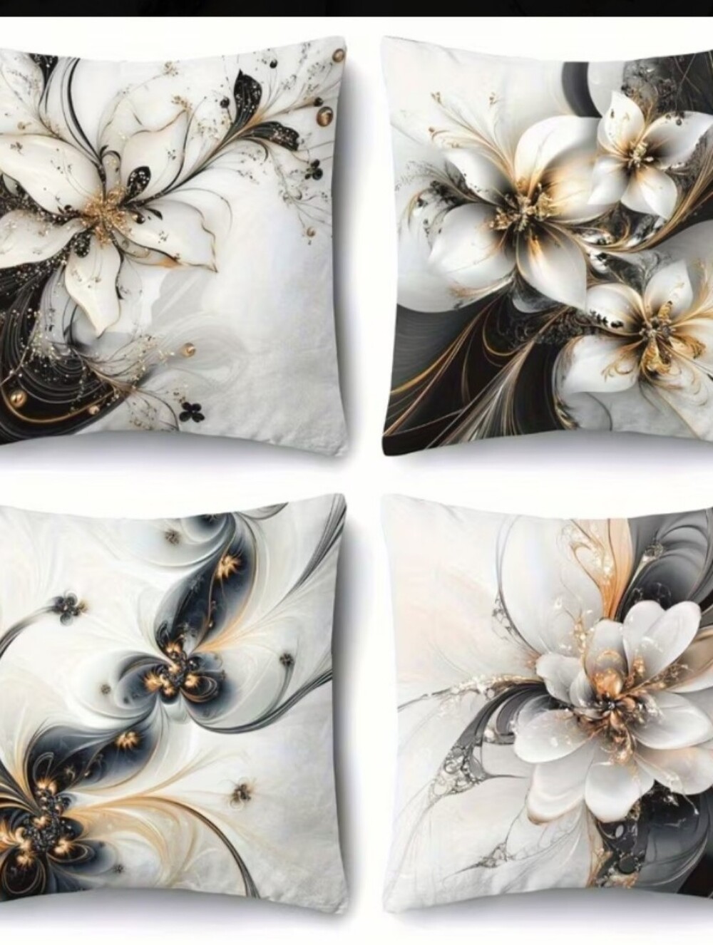 Floral Swirl Accent Pillow Cover - White, Black & Gold. Set Of 4